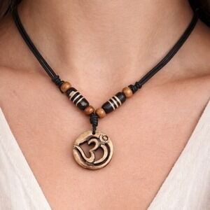 Vintage Carved Om Pendant Necklace Wood Beaded Cord Boho Yoga